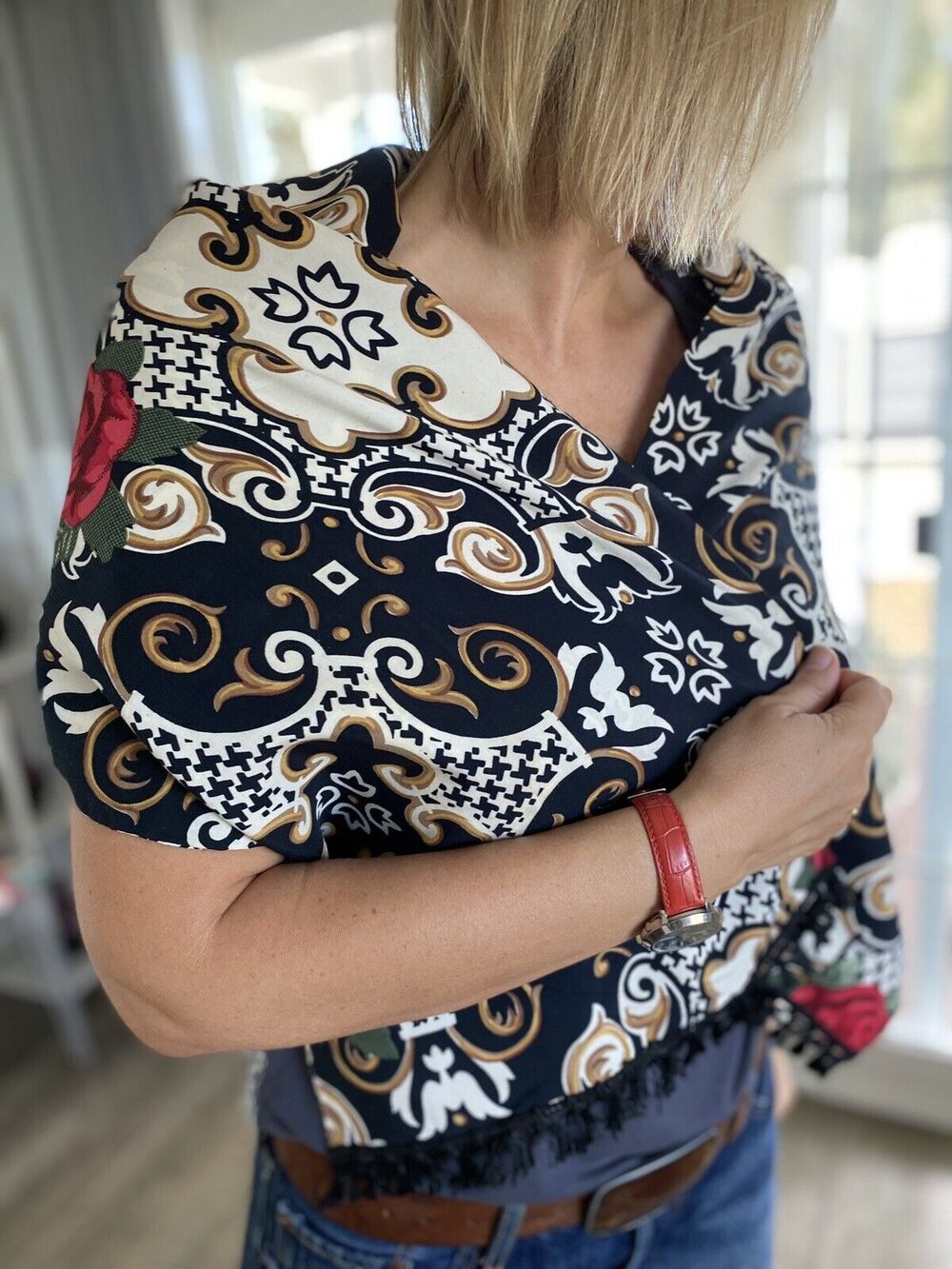 BYBLOS Italy Rayon scarf in Classic Roman pattern 13x56”